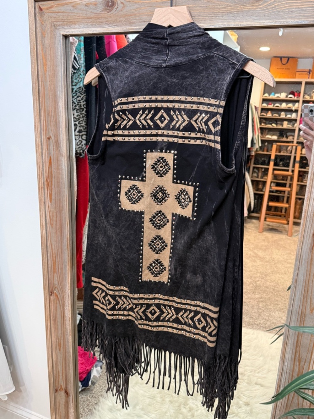 Vocal Black and Tan Studded Cross Fringe Vest